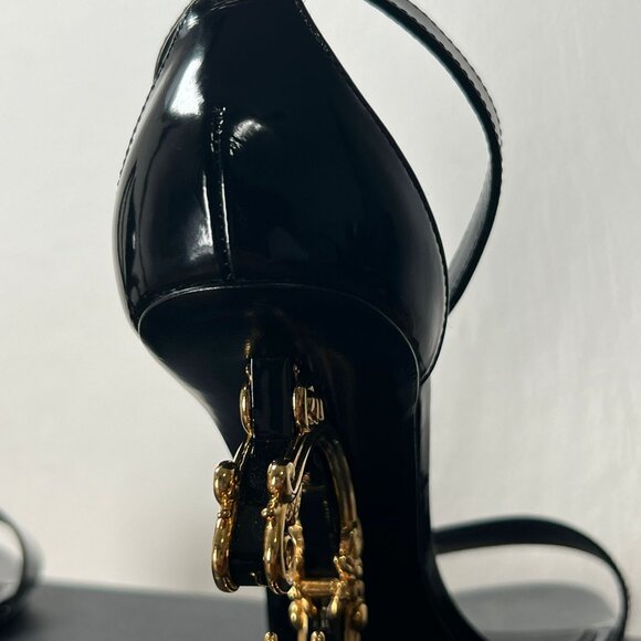 Dolce&Gabbana Black Gold Sculpted-Heel Baroque DG Patent Leather Sandals - Picture 7 of 14